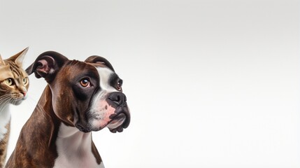 On a horizontal website or social media banner, a closeup of an attentive mixed breed Boxer dog and cat peering up into blank white content space.