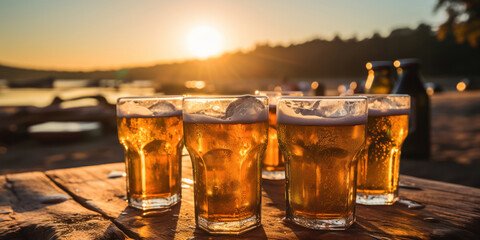 Chilled beer bottles in an ice bucket on a sunset beach - obrazy, fototapety, plakaty