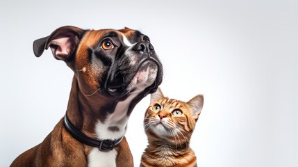 On a horizontal website or social media banner, a closeup of an attentive mixed breed Boxer dog and cat peering up into blank white content space.