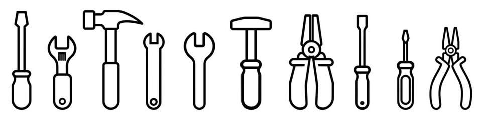 Set of hand tools icons. Black and white set of different hand tools in flat linear style.