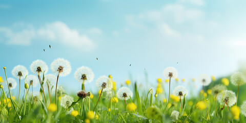 Field of green dotted with dandelions beneath a clear afternoon sky