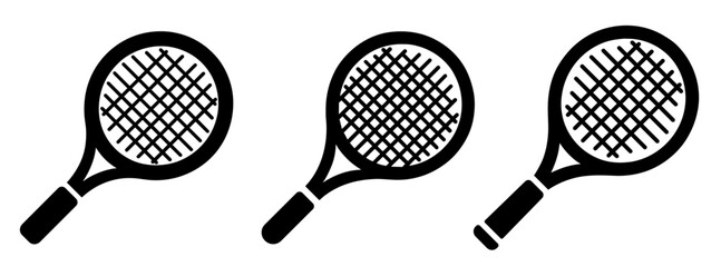 Tennis racket icons set. Black silhouette of a tennis racket in flat design.
