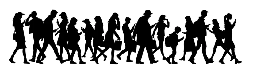 Fotobehang People walking with a mobile phone, people with smartphone silhouette, man walking looking at cell phone silhouette © Haruki Yui