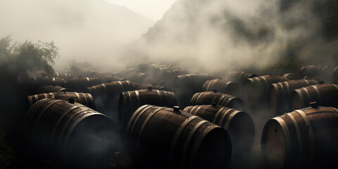 Fog encircling several wine barrels - obrazy, fototapety, plakaty