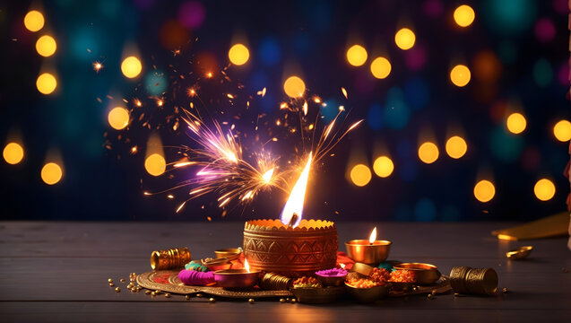 Diwali Festival celebration with crackers and colorful sparks. Image is generated with the use of an Artificial intelligence
