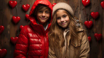 Young couple posed in front of Valentine Day background - heart - romance - cute - celebration - dance - stylish 