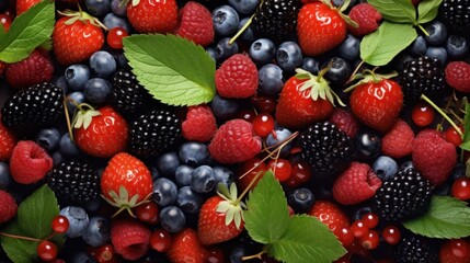 Assorted fresh berries in high definition, vibrant strawberries, blueberries, blackberries on dark background