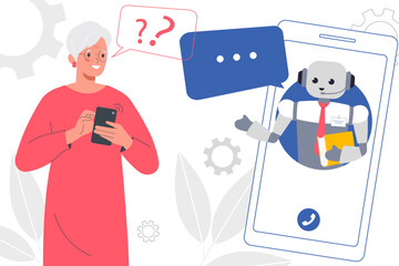 Elderly woman uses smartphone for consulting with. Artificial intelligence robot advises client and answer questions. Chatbot concept.