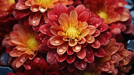 Colorful chrysanthemum flowers with water drops on black background. Springtime Concept with Copy Space. Mothers Day Concept.
