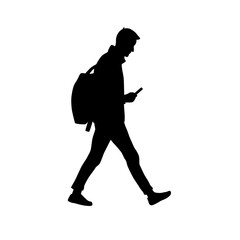 Fototapeta na wymiar Man walking on street with phone silhouette, silhouettes of moving people crowd on street
