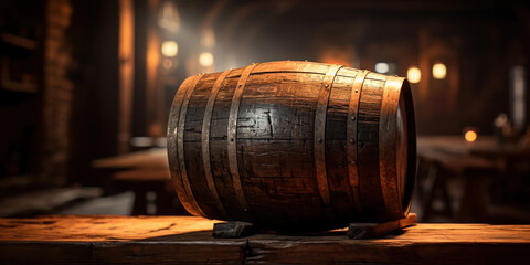 Rustic barrel resting on a wooden table in a vintage cellar