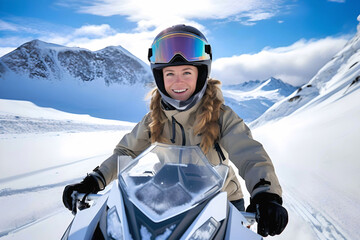 Beautiful girl riding a snowmobile along a snow-covered path in the mountains, with a panoramic view of snow-capped peaks, in winter equipment