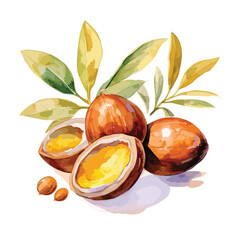 Vector argan illustration, watercolor argan with leaves, half and whole argans nut isolated on white background, argan oil and nuts

