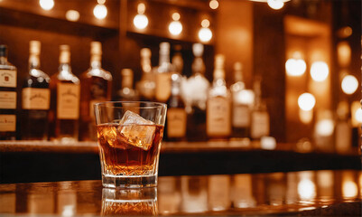 バーカウンターに置かれた酒のグラス  A glass of liquor on the bar counter