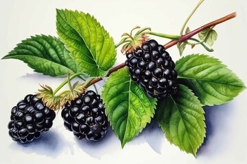 Black ripe blackberry on a branch with green leaves, watercolor drawing