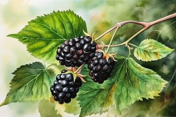 Black ripe blackberry on a branch with green leaves, watercolor drawing