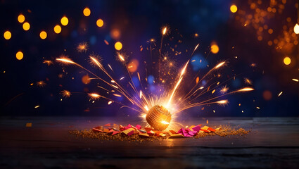 Diwali Festival celebration with crackers and colorful sparks. Image is generated with the use of an Artificial intelligence