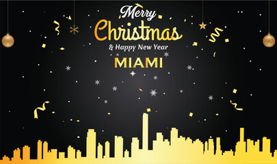 Christmas and New year black greeting card with golden panorama of the city of Miami