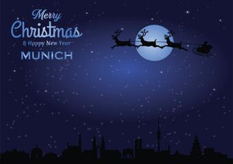 Christmas and New year dark blue greeting card with Santa Claus silhouette and black panorama of the city of Munich