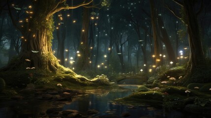 Magical grove illuminated by mystical orbs and flora. Fantasy world captured. - obrazy, fototapety, plakaty
