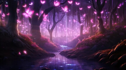 Enchanted woods with luminescent butterflies by night. Ethereal dream world. - obrazy, fototapety, plakaty