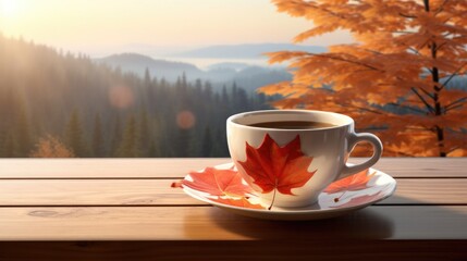 Coffee cup on wooden table, autumn leaves, morning light. Warmth and coziness concept. - obrazy, fototapety, plakaty