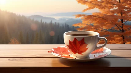Poster Coffee cup on wooden table, autumn leaves, morning light. Warmth and coziness concept. © Postproduction