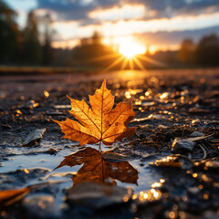 beautiful autumn evening sunset wallpaper, creative perspective with fallen leaf, epic sunlight, rural romantic created with Generative Ai