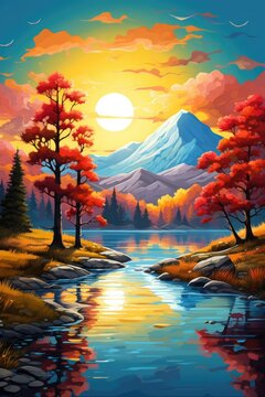 Golden hour illuminates autumnal trees by mountainous backdrop. Sun sits perfectly between peaks. Golden hour concept.