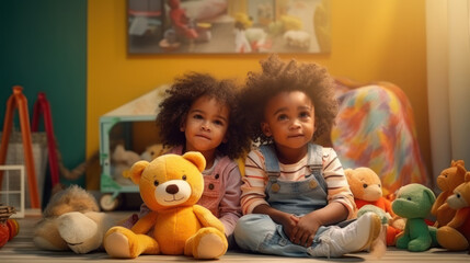 Fototapeta premium The young black child joyfully plays with toys in the room, reveling in the fun of childhood.
