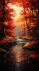 Vibrant autumnal forest illuminated by sunrays with bright orange leaves reflecting in clear stream. Nature's beauty.