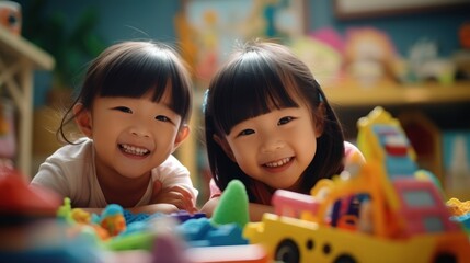 Young Asian children play with toys in the room joyfully, smiles and laughter filling the air, the happiness and fun of childhood.