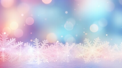 Fototapeta na wymiar Snowflake designs illuminated by dreamy bokeh lights in cool winter setting. Seasonal festivities.