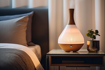 Stylish aroma diffuser on white table beside comfortable bed with textured linens. Modern bedroom aesthetics.