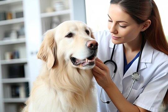 Medical professional conducts checkup on large white canine in well-equipped veterinary clinic. Pet care and examination.