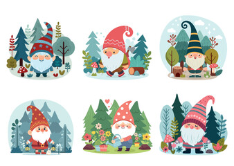 Cute forest cartoon gnomes in flat vector style. Set of gnomes vector graphics. Isolated on white background.