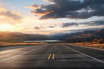 Fototapeta premium Aerial View of Road and Road Marking with Mountain and Sky at Sunrise