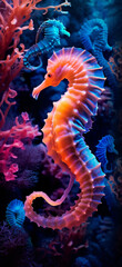 Fototapeta na wymiar blue and neon seahorse and corals wallpaper, dark orange and light magenta, psychedelic neon created with Generative Ai