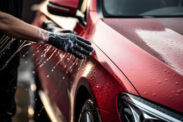 Hand washing a wet automobile at a car wash.
