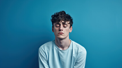 Depressed caucasian man isolated on a blue background with copy space. AI