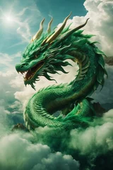 Foto op Canvas The head of a beautiful green dragon with an open mouth on top of a mountain in clouds and fog. © liliyabatyrova