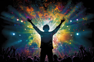 Fototapeta na wymiar rock star playing at a music concert, guitarist, singer, artist, musician on stage, limelight; Crowd of fans cheering and dancing at a disco club; live event, audience having fun