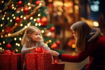 An adult woman giving a present box to smiling little girl. Christmas tree blurred in the background.