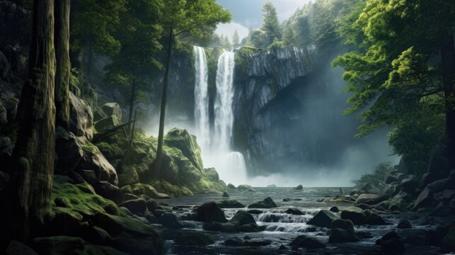 Cascading waterfall with rays of sunlight in dense green forest. Tranquil wilderness setting.