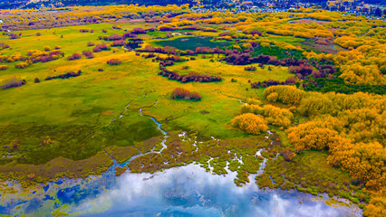 Argentine Patagonia wetland in autumn, from the air drone, lagoon peat 1