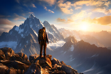 Hiker reaching mountain peak at sunrise amidst serene surroundings.