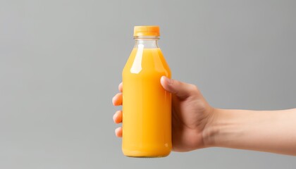 a hand holding a bottle of orange juice