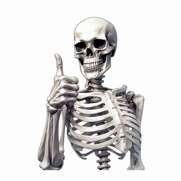 White skeleton thumbs up, white background created with Generative Ai