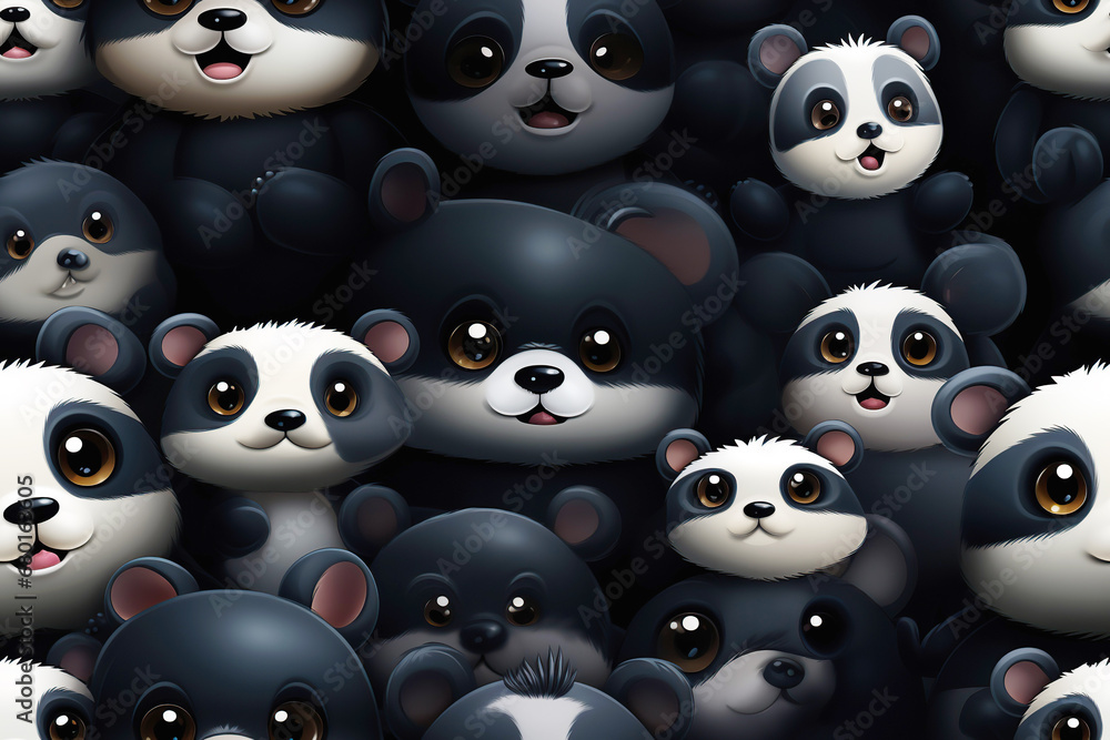 Wall mural seamless pattern with cute pandas on black background
