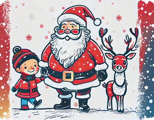 christmas and snow with santa claus and children and deer